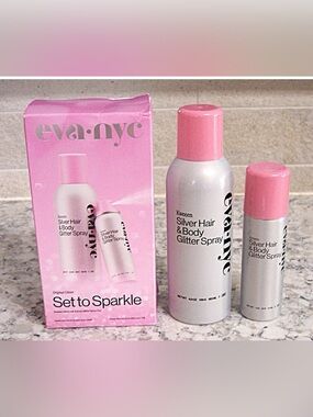 Eva NYC Kweeen Silver Hair & Body Glitter Spray Set to Sparkle FULL & Travel Sz